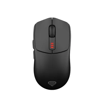 A top-down view of a black wireless gaming mouse on a white background.
