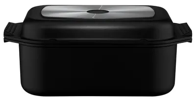 A black roasting pan with a silver lid.