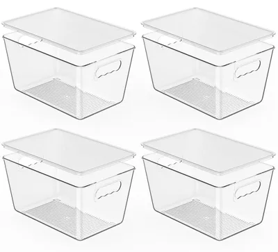 Produktbild von Set aus 4 transparenten Aufbewahrungsbehältern mit Deckel, stapelbare Kunststoffbehälter mit praktischen Griffen für Küchenschränke, Speisekammer und Kühlschrank.