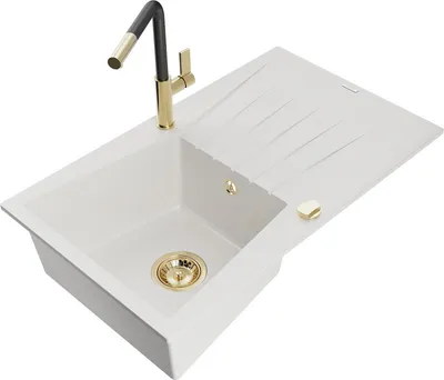 Produktbild von Mexen Cesar 1 Becken-Granitspüle mit Abtropffläche und Mischbatterie Flora, Weiß - 6514-20-670401-57-G