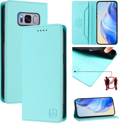 Obrázek produktu pro Kožené pouzdro pro Samsung Galaxy S8 Plus, flipové pouzdro s přihrádkami na karty, peněženkou a stojánkem Tyrkysový