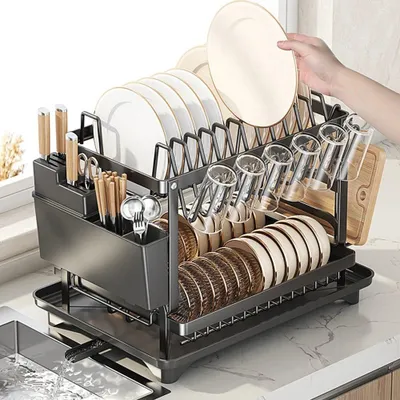 Produktbild von Ein zweistufiges Küchenregal für Teller und Schüsseln, ein Abtropfgestell, ein drehbarer (360 Grad) Besteckbehälter mit Schale