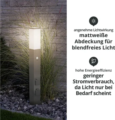 Produktbild von LED Wegeleuchte eckig 80cm mit Bewegungsmelder und 2 Steckdosen silber