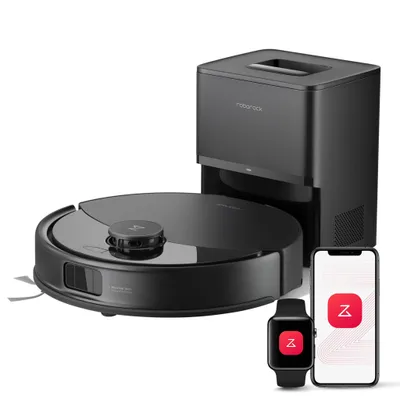 A black robot vacuum cleaner with its charging and self-emptying station, along with a smartphone and smartwatch displaying a red icon with a white 'Z'.