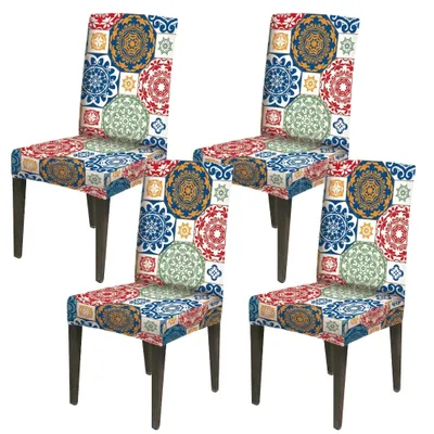Produktbild von 4 Stück Elasthan Stuhlhusse Universelle Boho Gedruckt Stretch Stuhlbezug Husse Sitzbezug