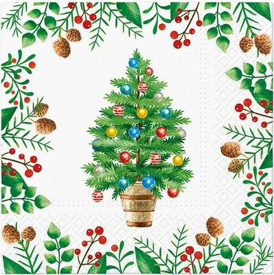 Produktbild von 20 Servietten Decorated Tree - Weihnachtsbaum um grünen Blättern 33x33cm