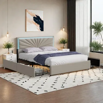 A bedroom scene featuring a bed with storage drawers and LED lighting.