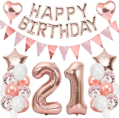 Productafbeelding van Verjaardagsdecoratie, 21 roze gouden folieballonnen, set van 21 stuks, voor feestelijke gelegenheden