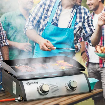 Productafbeelding van Tafelgrill, gasgrill, barbecue met 2 branders, tafelgasgrill met slang, antiaanbakgrillplaat, campinggrill, roestvrij staal + metaal, zilver
