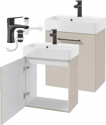 Produktbild von Cashmere Waschbecken wandhängende Badezimmerschrank, schwarzer Griff 60x50cm Wasserhahn und Siphon Elara