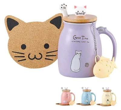 Image de Tasse en céramique avec couvercle et cuillère, 380 ml, couleur violette