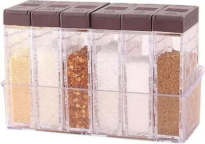 Image de lot de 6 pots à épices transparents avec couvercle - plastique - 16,5 x 6,5 x 10,5 cm