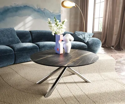 Produktbild von DELIFE Couchtisch Edge Rund 90x90 cm Keramik Laminam® Noir Desir Braun Sarity Edelstahl gebürstet