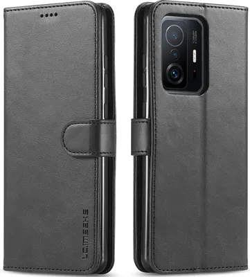 A black leather flip case for a Xiaomi 11T phone is shown from two angles.