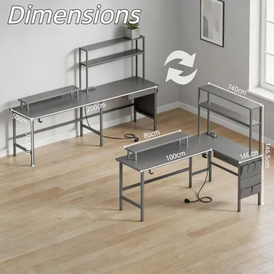 Produktbild von L-förmiger Gaming Schreibtisch - Eck Computertisch 150 x 74 cm - Reversibler Schreibtisch - Mit Steckdosenleiste - Regal und Monitorständer - Grau