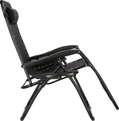 A black zero gravity reclining chair is shown from the side against a white background.