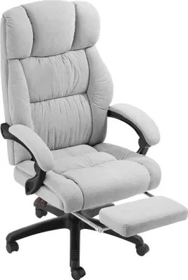 A light gray office chair with a footrest is shown against a white background.