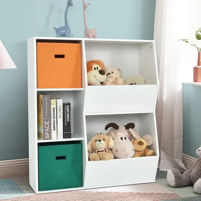Produktbild von Kinderregal mit 5 Ablage und 2 Stoffbox, Aufbewahrungsregal Bücherregal für Kinder, Spielzeug-Organizer, Spielzeugregal für Kinderzimmer Spielzimmer und Kindergarten (Weiß)