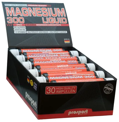 Produktbild von Prosport Magnesium Liquid Trinkampullen 30x25ml - hochdosiert mit 300mg Magnesium pro Portion, 5 B-Vitaminen - Multifrucht Geschmack