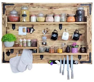 Immagine prodotto di Scaffale rustico per la cucina per spezie. Scaffale sospeso per accessori da cucina 113x73x14cm