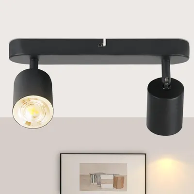 Image de Spot de plafond LED ZMH noir à 2 ampoules, lampe de plafond GU10 en métal, spots orientables à 330°, luminaire de plafond pour salon, chambre à coucher et couloir