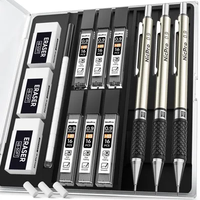 Produktbild von Druckbleistift Set 3 Stück Metall 0,9 mm mit Etui, HB Minen, Radiergummis