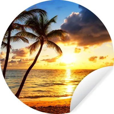 Produktbild von MuchoWow® Runde Wandtattoo - Wandsticker Tapete Aufkleber Strand - Horizont - Sonnenuntergang - Palme - Meer Ø 30 cm Selbstklebend und Repositionierbar - Wandaufkleber - Kreis - Wandbild - Fototapete - Selbstklebend - Dekoration - Wandschmuck - Schlafzimmer