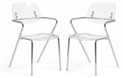 Produktbild von 2er-Set Stühle aus Polycarbonat mit Armlehnen, Metallgestell, modernes Design für Küche, Esszimmer, Bars und Restaurants – Gloss/Transparent