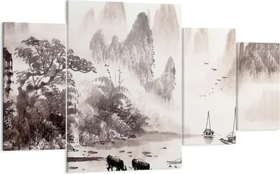 Produktbild von Bild auf Leinwand - Leinwandbild - 4 Teile - Chinesisch Landschaft Aquarell - 160x90cm - Wand Bild - Wanddeko - Wandbilder - Leinwanddruck - Bilder - Wanddekoration - Leinwand bilder - DL160x90-4265