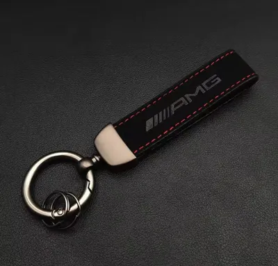 Produktbild von Schlüsselanhänger für AMG aus Wildleder – Schwarzer Premium Schlüsselanhänger mit roten Ziernähten und Metallring