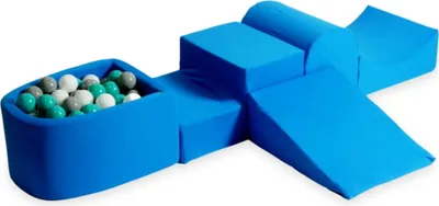 Produktbild von Schaumstoff-Spielset mit Hügel und Mikro-Bällepool – blau mit Bällebadbällen 100 Stück / türkis, weiß, grau