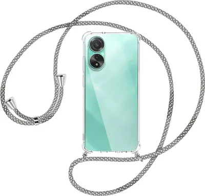 Produktbild von Handykette Backcover-Schutzhülle mit Band (Metall silberfarben) für Oppo A78 4G (CPH2565) - weiß/grau kariert