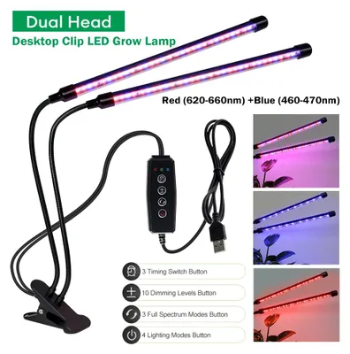 Obrázek produktu pro LED lampa pro rostliny – dvouhlavá s červeným a modrým světlem – 5 V USB – s regulací jasu – s časovačem – pro pěstování rostlin v interiéru