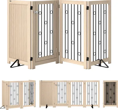 Produktbild von Freistehendes Haustiertor, Hundegitter mit Tür, 4 Paneele, für Flur, Treppe, Türrahmen, MDF, Stahl
