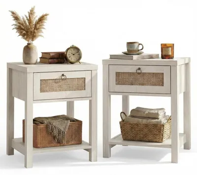 Produktbild von Beistelltisch Set 2er Rattan Landhausstil mit Schublade und Ablage Eiche hell 45x39x59cm