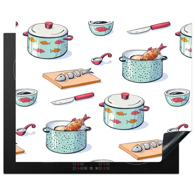 Produktbild von KitchenYeah© Herdabdeckplatte Muster - Kochen - Fisch - Pfanne , 65x52cm, Küche Deko, Glaskeramikkochfeld Herdabdeckung, Abdeckplatte fùr Kochfeld