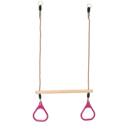 A trapeze swing with pink rings and a wooden bar, suspended by ropes against a white background.