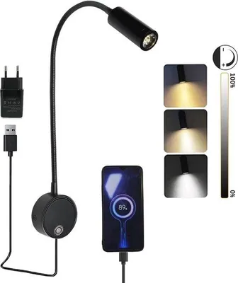 Produktbild von LED Wandlampe mit Touch-Schalter und USB - Dimmbar 3W - Flexibel mit Kabel und EU-Stecker - Schlafzimmer und Büro