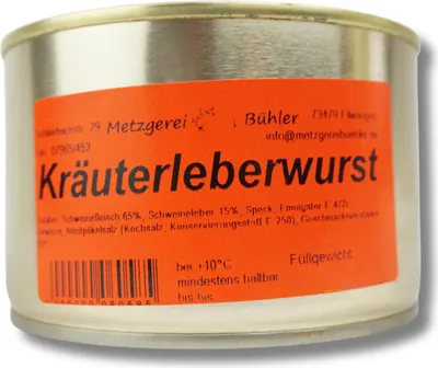 Produktbild von Kräuter Leberwurst Dosenwurst 120g-400g Wurstkonserve | Metzgerei Bühler – 120g
