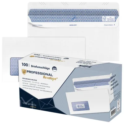 Produktbild von 100 Briefumschläge / Din lang+ (112x225mm) / mit Fenster und Sicherheitsschlitze