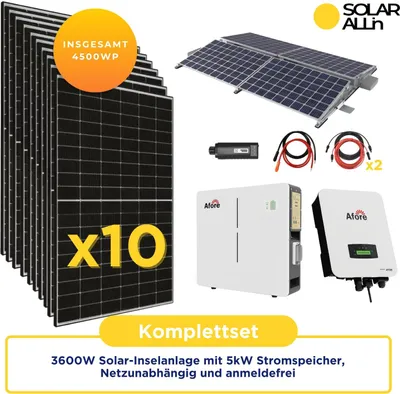 Produktbild von 3600W Solar-Inselanlage mit 5kW Stromspeicher, Autarkes Komplettset, Netzunabhängig und anmeldefrei