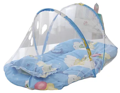 Productafbeelding van Baby-muggennet, opvouwbaar design, inclusief matras en kussen, blauw berenmotief