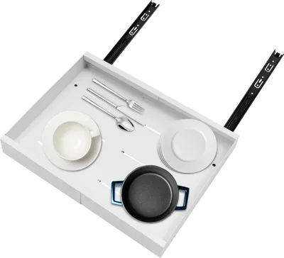 Produktbild von Ausziehbarer Schrank-Organizer 2er-Set - Schiebekorb - Verstellbar 30–50×42×7,6 cm - 20 kg je Korb - Kohlenstoffstahl - Für Küchenschränke - Weiß