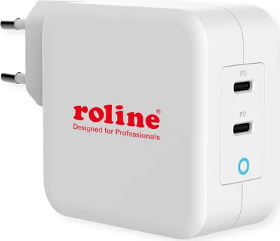 Produktbild von ROLINE USB Charger mit Euro-Stecker, 2 Port Typ-C (PD), GaN, 100W