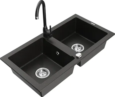 Immagine prodotto di Mexen Mario lavello da cucina in granito a 2 vasche con rubinetto Telma, nero/oro - 6504-75-670200-70