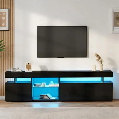 Image de Meuble TV bas Merax ultra-brillant pour écrans jusqu'à 80 pouces, meuble TV à 3 portes avec éclairage LED, meuble TV avec étagères en verre et grand espace de rangement, noir