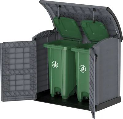 An open storage box for two trash cans, with the trash cans inside.
