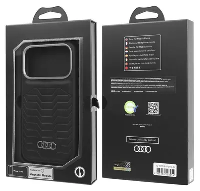 A product packaging for an Audi branded iPhone case, showing the front and back of the box.