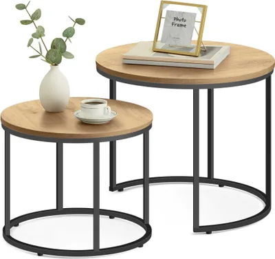 Produktbild von Couchtisch 2er Set Rund Beistelltisch Loft Design 2 in 1 Verschachtelung kratzfeste Oberfläche, Wohnzimmer | Sonoma-Eiche mit schwarzen Beinen