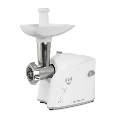 A white electric meat grinder is shown against a white background.